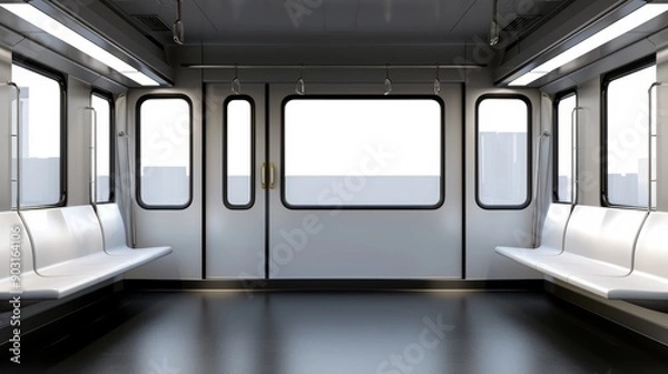 Fototapeta Contemporary subway car with large panoramic windows, flooding the space with natural light, creating an open and airy feel in a bustling urban environment, high-resolution photo, hyper realistic