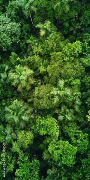 Fototapeta A vibrant scene of a lush rainforest with dense greenery and rich botanical growth.