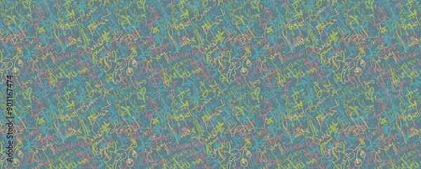 Fototapeta Abstract hand drawn doodles imitating pen written text in retro color. Vector seamless grunge pattern in 90. For background, postcard, poster, print, greeting card.