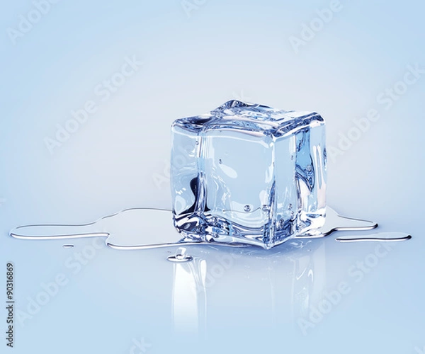 Fototapeta Concealing ice cube with water drops on a light background. 3d render