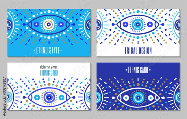 Fototapeta Business card set with of Turkish evil eye symbol pattern. Ethnic style blue greek protection from the spoilage signs with golden details. EPS 10 vector.