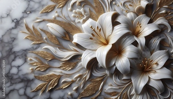 Fototapeta white marble texture background with golden floral pattern,wallpaper design	