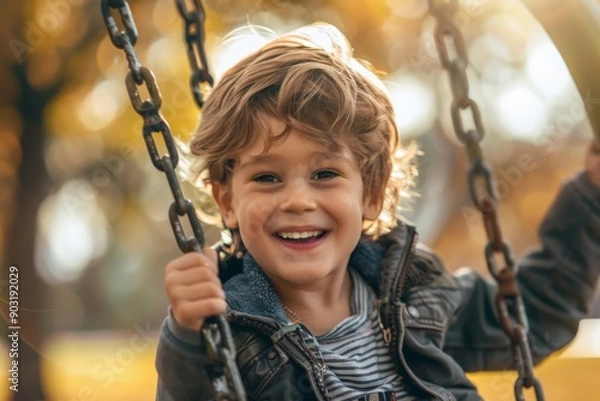 Fototapeta A young child with a joyful smile enjoys swinging at a sunlit park enveloped in autumn colors, radiating happiness and capturing the essence of a playful, carefree day.