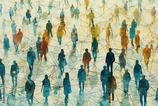 Fototapeta This graphic showcases a large assembly of simple people shapes connected by lines, visually representing the complex web of relationships and connections within a social network.