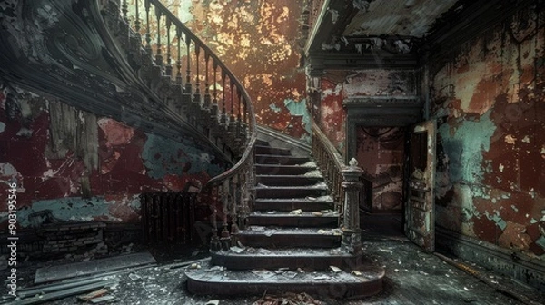 Fototapeta Worn circular stairs in an abandoned building with peeling paint