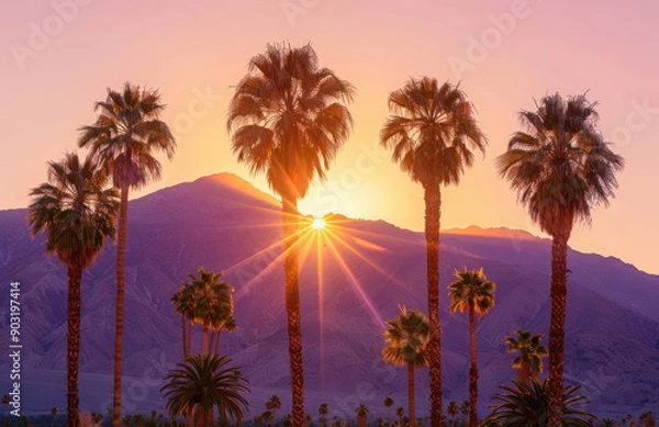 Obraz Palm trees and desert mountain at sunset in Palm Springs, California