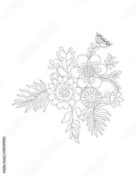 Fototapeta Flower coloring, Hand drawn coloring page for kids and adults. Potted plant, roses. Beautiful drawing with patterns and small details. Coloring book pictures. Vector. Flower coloring page 