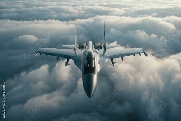 Fototapeta Military drones turned into effective weapons of war. Military fighter jet above the clouds. Military equipment plane