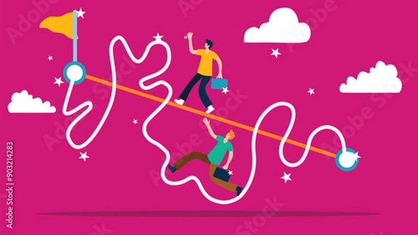 Fototapeta Vector illustration of two people following a winding path towards a success flag on a balancing beam. The vibrant pink background 