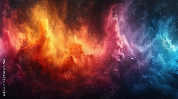 Fototapeta A vibrant abstract design with a color powder splash in rainbow hues, showcasing paint explosions, dust effects, and ink splatter on a white and black textured background