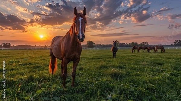 Obraz Horses at the horse farm, seen grazing in the pasture at sunset.
