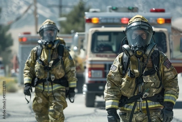 Fototapeta A pair of emergency responders in advanced hazmat suits with respirators, in front of emergency vehicles, preparing for a radiation incident during the day.