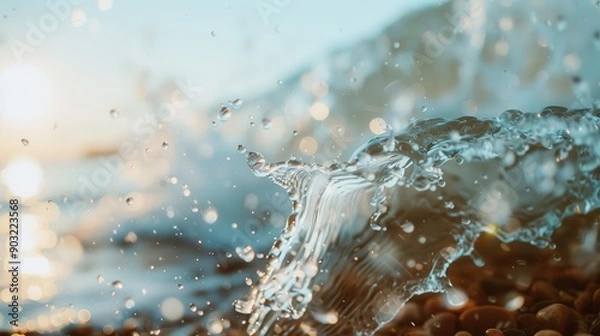 Fototapeta An arresting image of water splashes captured mid-air as ocean waves crash onto the shore, epitomizing the raw energy and perpetual motion of the natural marine environment.
