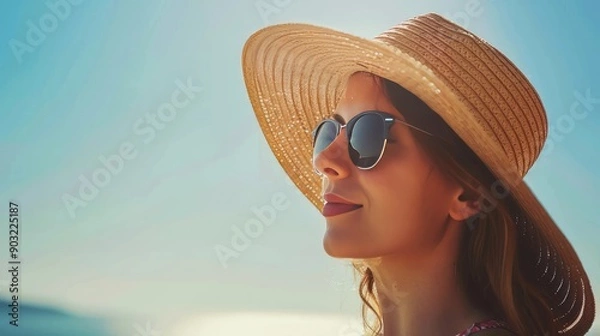 Fototapeta Greek island of Santorini is home to a woman wearing a hat while on vacation.