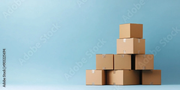 Fototapeta  A neatly stacked pile of cardboard boxes on a plain blue background, symbolizing moving or storage organization. Copyspace.