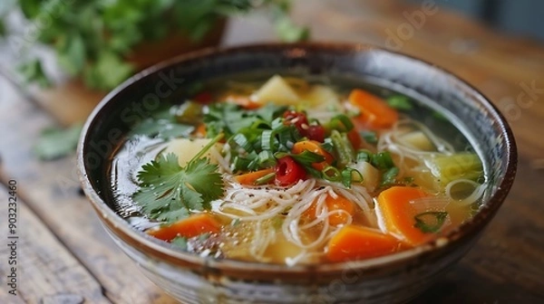 Fototapeta A vibrant bowl of vegetable noodle soup, garnished with fresh cilantro and chili peppers, set against a rustic wooden background. 