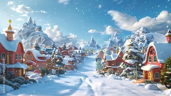 Fototapeta A whimsical winter village blanketed in snow with charming colorful houses, decorated trees, and a picturesque mountainous backdrop. 