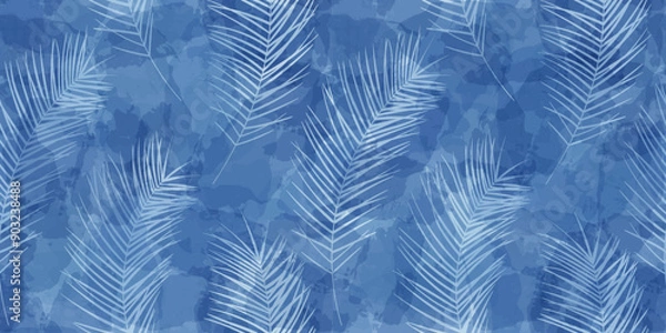 Fototapeta Tropical pattern, palm leaves seamless vector background. Exotic plant on watercolor stains jungle print. Leaves of palm tree.