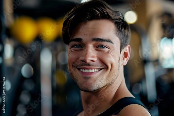 Fototapeta A fit muscular male personal trainer smiling at the camera in a gym, close up