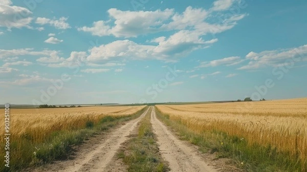Fototapeta Arable farming Spring fields of grain wheat land in the flat steppe field road long journey