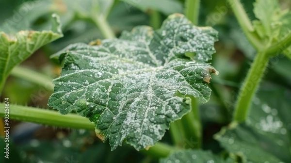 Fototapeta A problematic leaf on a zucchini plant Powdery mildew and chlorosis on the leaves