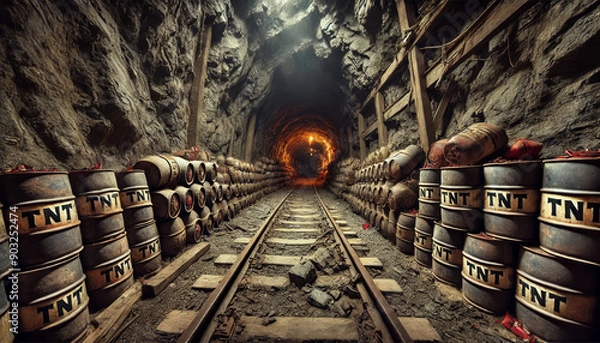 Fototapeta Holding detonator in a mine tunnel with full of explosives