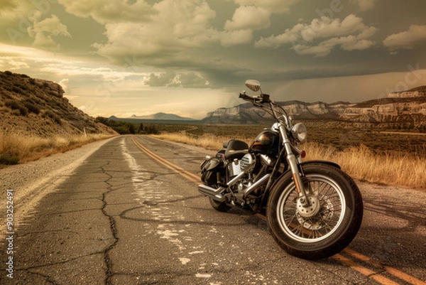 Fototapeta A Motorcycle in a vast desert under a dramatic sky, symbolizing