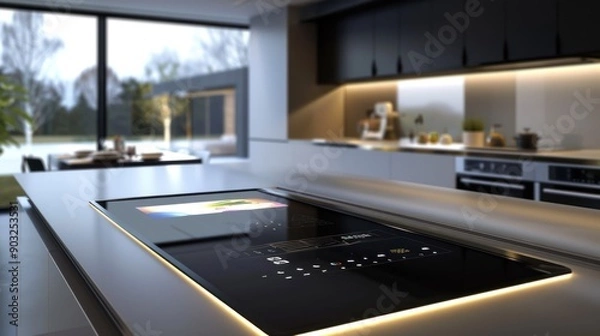 Fototapeta A closeup of a sleek modern kitchen countertop with integrated technology and a digital interface