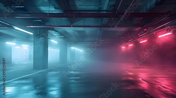 Fototapeta Empty parking garage background with dappled light