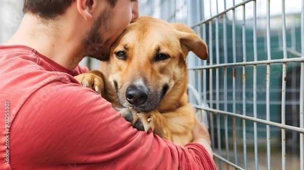 Obraz Male volunteer hugging dog in shelter