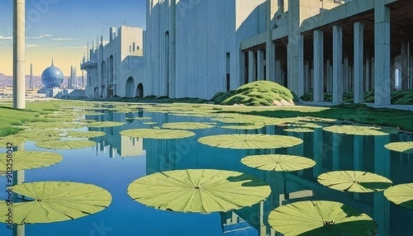Fototapeta Futuristic Cityscape with Pond and Lily Pads.
