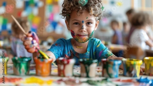 Fototapeta A happy child with a painted face enthusiastically playing with paint in a colorful art classroom, surrounded by vibrant colors, embracing creativity and fun.