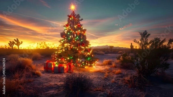 Obraz Festive Christmas tree with illuminated decorations