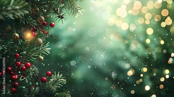 Obraz Festive green holiday background with Christmas theme