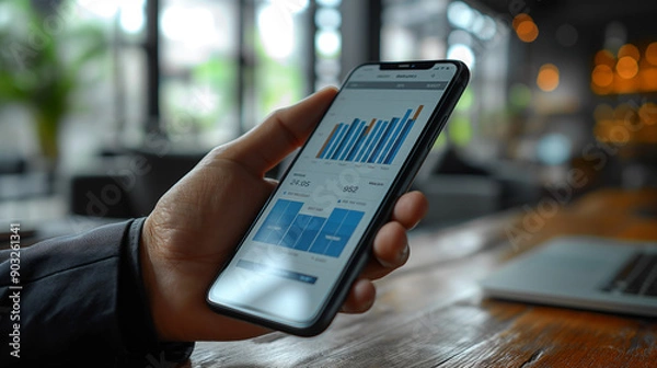 Obraz グラフの資料が表示されたスマートフォン