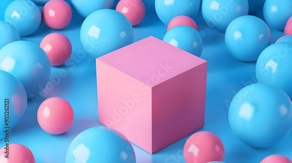 Obraz Pink box among blue spheres