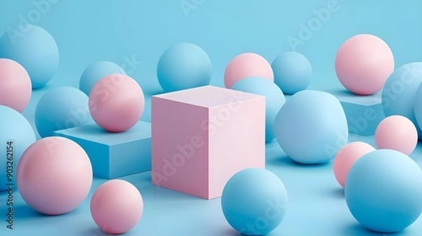 Obraz Pink box among blue spheres