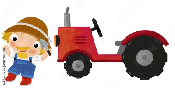 Fototapeta cartoon scene with farmer man standing doing some activity near tractor isolated background illustation for children