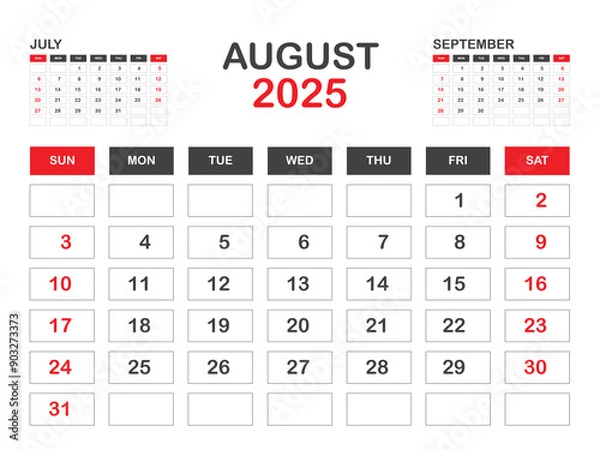 Fototapeta Calendar 2025 template minimal style, August 2025 template, Desk calendar 2025 year, Wall calendar, Week starts on sunday, Planner, Printing media, poster, advertisement, Red background vector