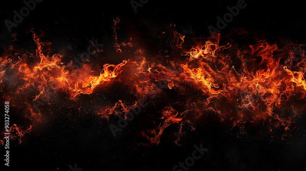 Obraz 煉獄のごとく燃え盛る炎を黒背景にクローズアップでリアルに描いたAI生成画像