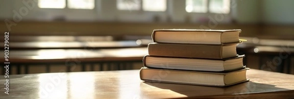 Fototapeta Stack of text books isolated on wooden desk on blurred classroom background with copy space, concept of back to school, study room, reading club, interest bootcamp.