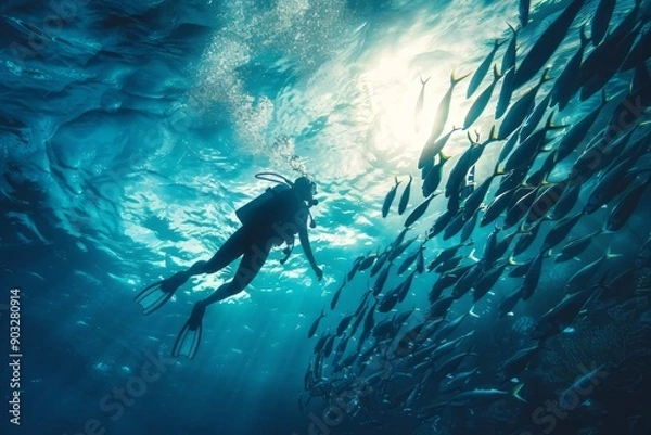 Fototapeta Diving with fish in the ocean