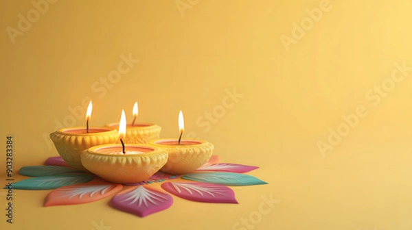 Fototapeta Diwali Celebration with Traditional Diyas and Colorful Festive Lights, backgraund, hinduism, india, diwali, celebration, culture, religion, rangoli, glowing, greeting, background, indian
