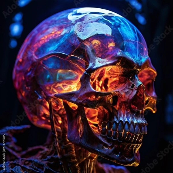 Fototapeta A close-up side view of an elongated alien head crystal skull, highlighting the eye sockets, the internal colors, and the structure of the skull against a dark, sophisticated cult background.