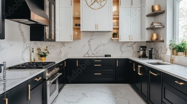 Obraz Modern cooking area with two-tone cabinets, gold-hued hardware, and luxurious marble backsplash