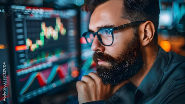 Fototapeta Financial Analyst Deeply Engrossed in Profit Margin Reports on Dual Monitors