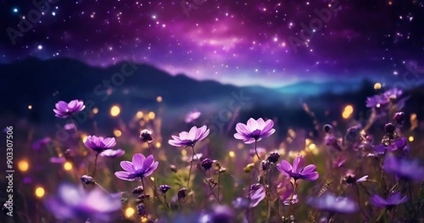 Fototapeta Wild flower field in the  night magical lights. Summer meadow. Fantastical fantasy background of magical purple dark night sky with shining bokeh lights copy space