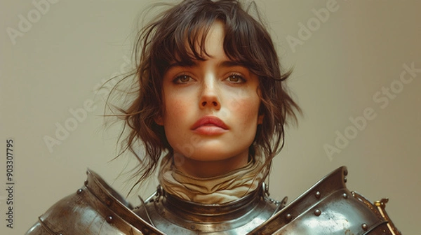 Fototapeta Bold Portrait of Joan of Arc in Medieval Armor with Determined Expression and Short Hair