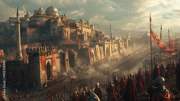 Fototapeta Dramatic Reconstruction of the Fall of Constantinople: Ottoman Troops Breaching the City Walls