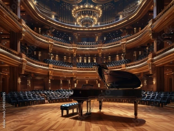 Fototapeta Grand piano on stage in a concert hall with wooden floor and rows of seats.